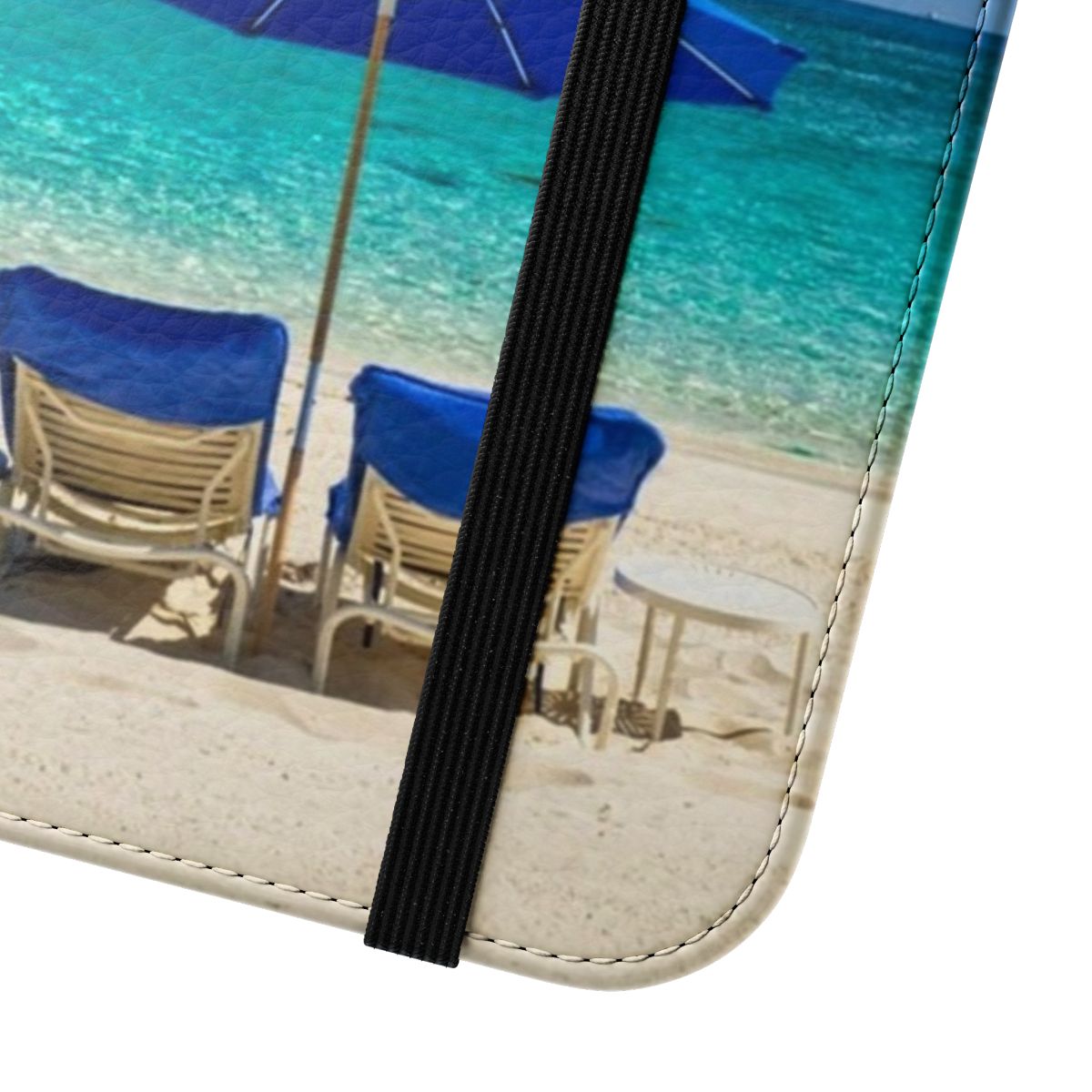 Turquoise phone case with a tropical beach paradise design - Close Up