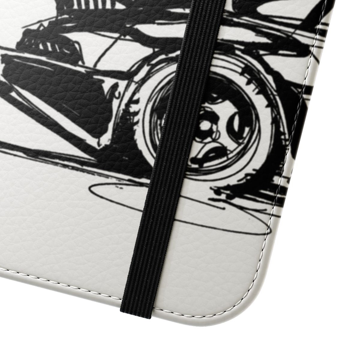 Artistic phone case featuring a Porsche 911 sketch design - Close Up