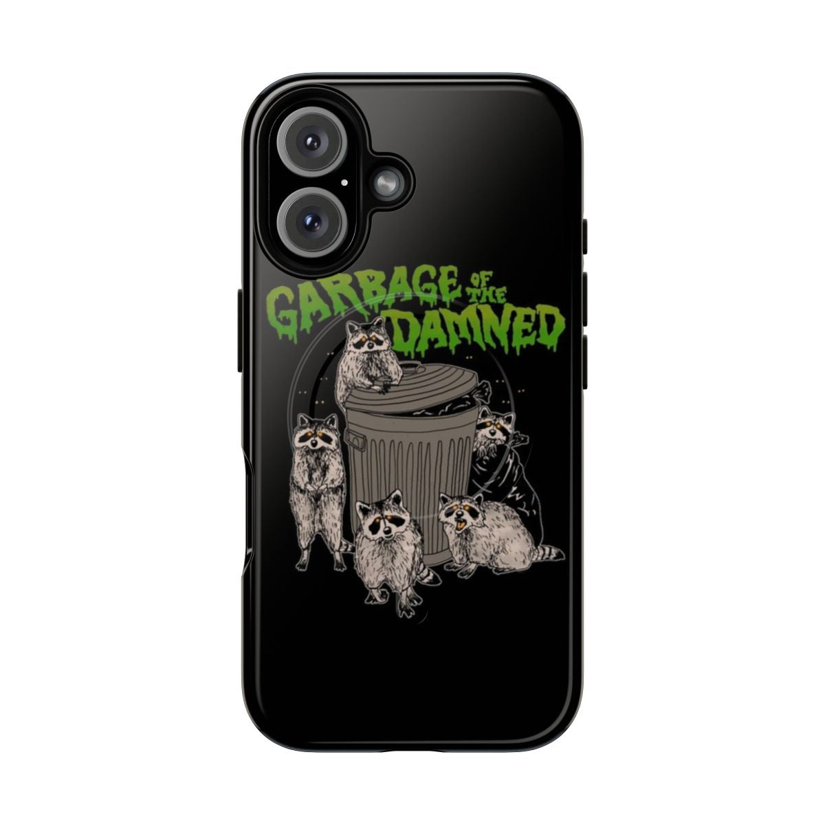 Image of a creepy, glowing-eyed trash panda on a phone case