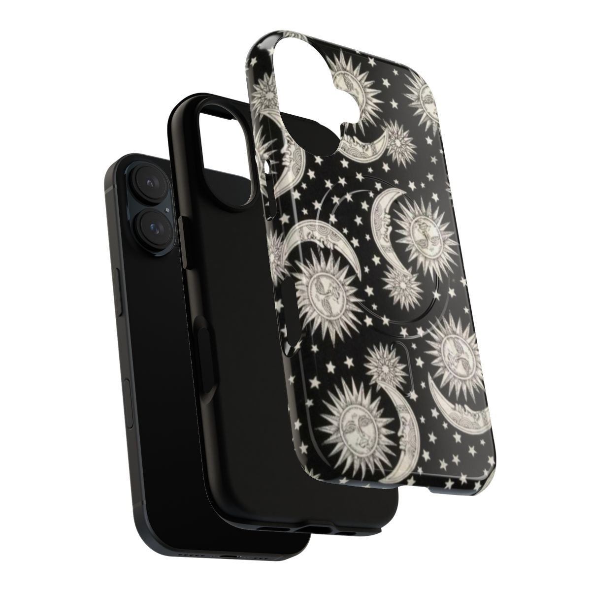 A phone case featuring a retro, vintage design with a sun and moon design against a starry background. - Layers