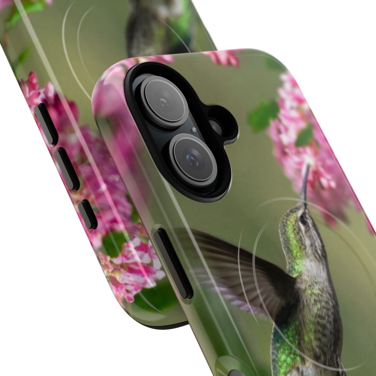 Vibrant hummingbird phone case with floral and nature design - Detail