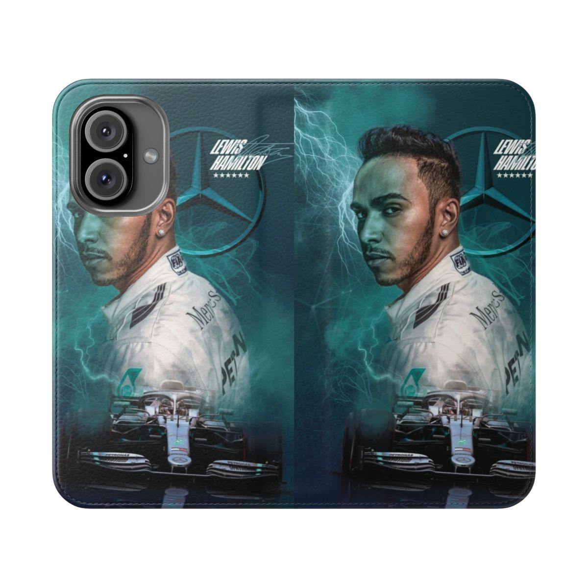 Stylish phone case featuring a Formula 1 racing design inspired by champion driver Lewis Hamilton