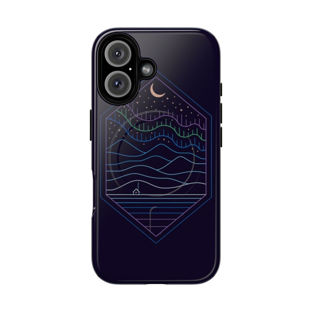 A phone case featuring a stunning northern lights, crescent moon, and snowy mountain landscape design.