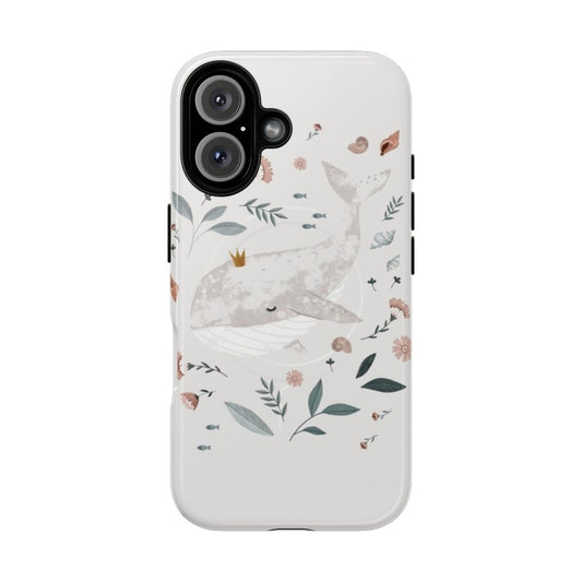 Boho style phone case featuring a whale design with floral and botanical elements.