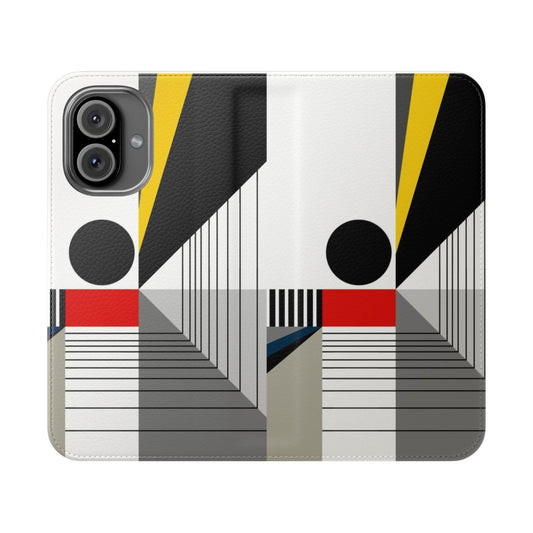 Minimalist geometric phone case with abstract, Bauhaus-inspired design in black, gray, red, and yellow.