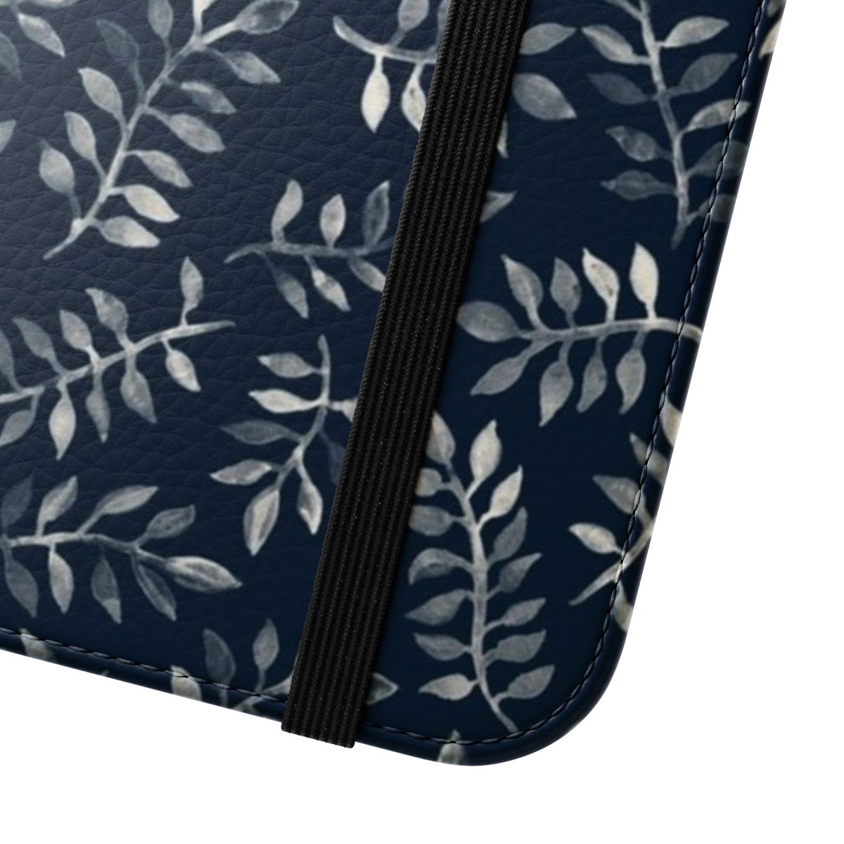 Navy blue flip phone case with hand painted white leaf pattern - Close Up