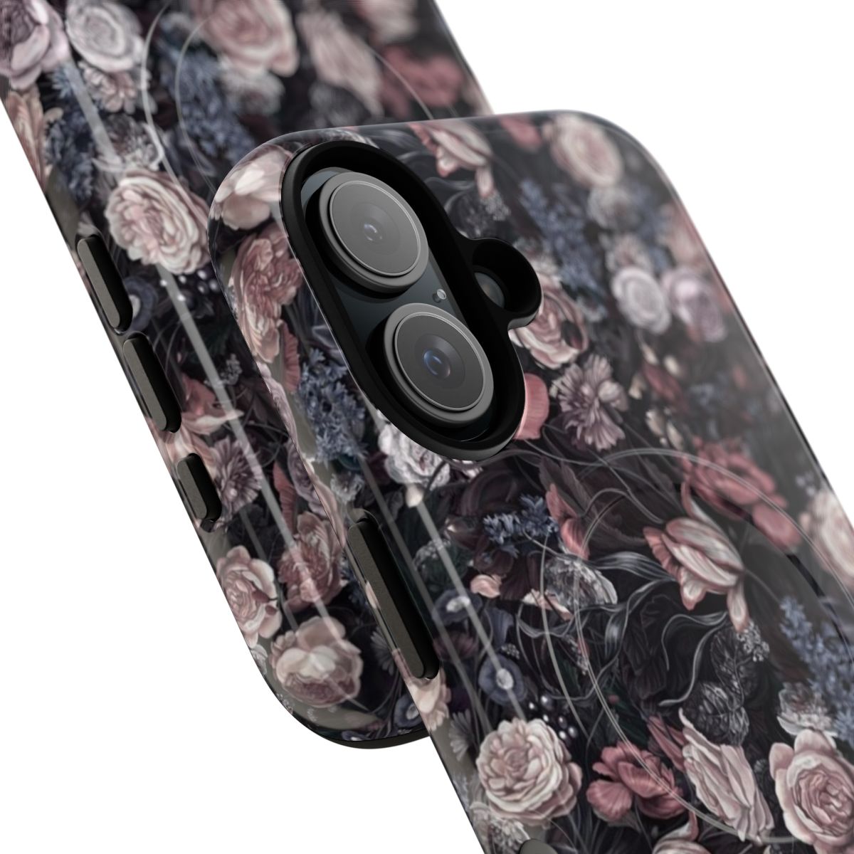 Detailed floral pattern phone case with muted poppy, peony, rose and tulip flowers - Detail