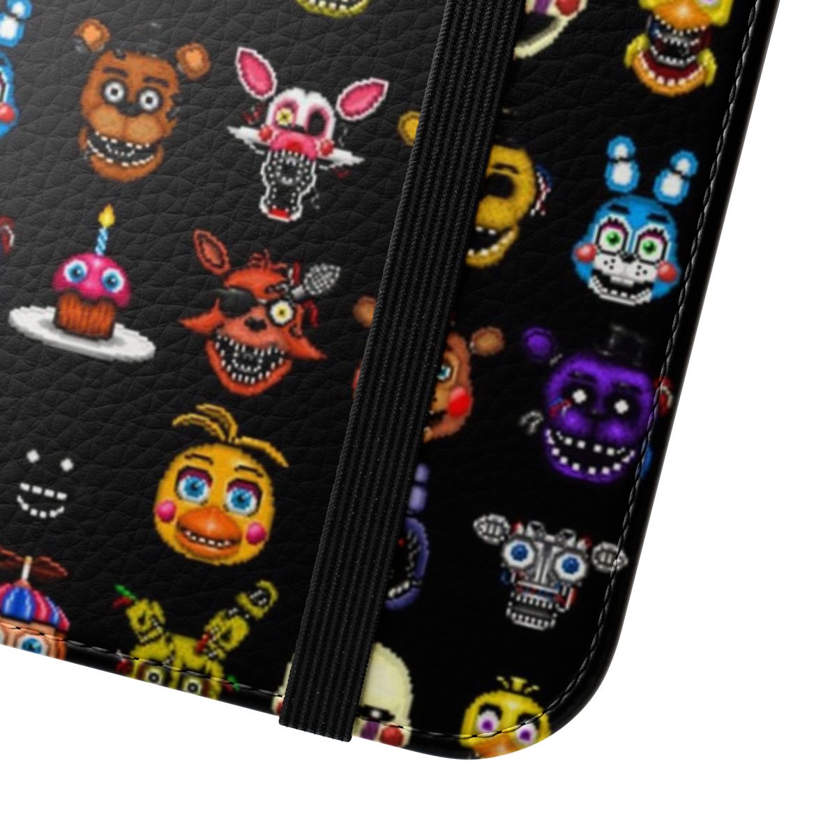 Pixel art flip cover phone case featuring multiple Five Nights at Freddy's characters - Close Up