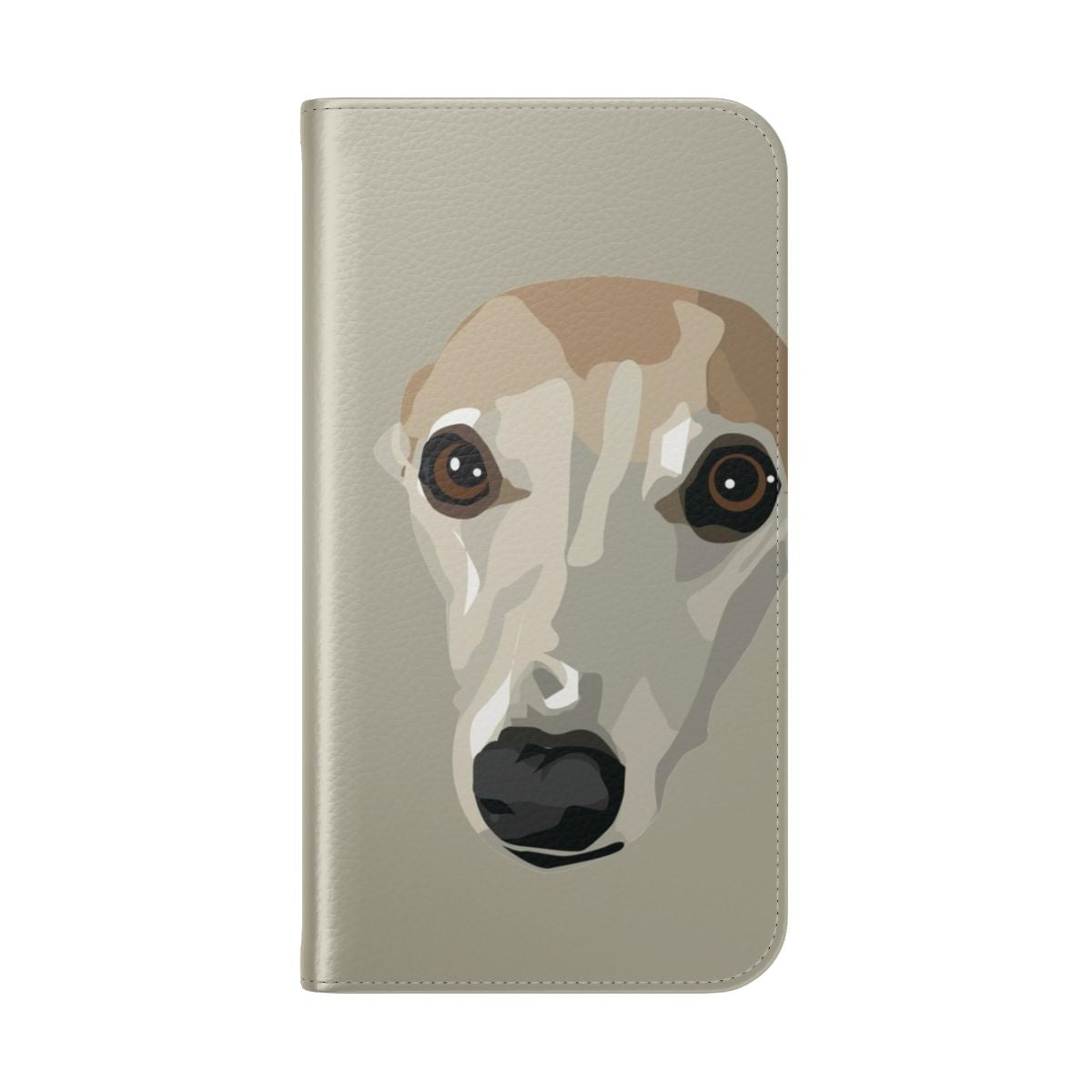 Whippet-inspired flip cover phone case with a fawn-colored design - Folded Back