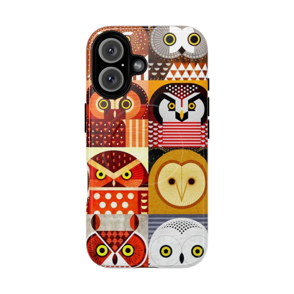 Artistic illustration of various North American owl species on a protective phone case