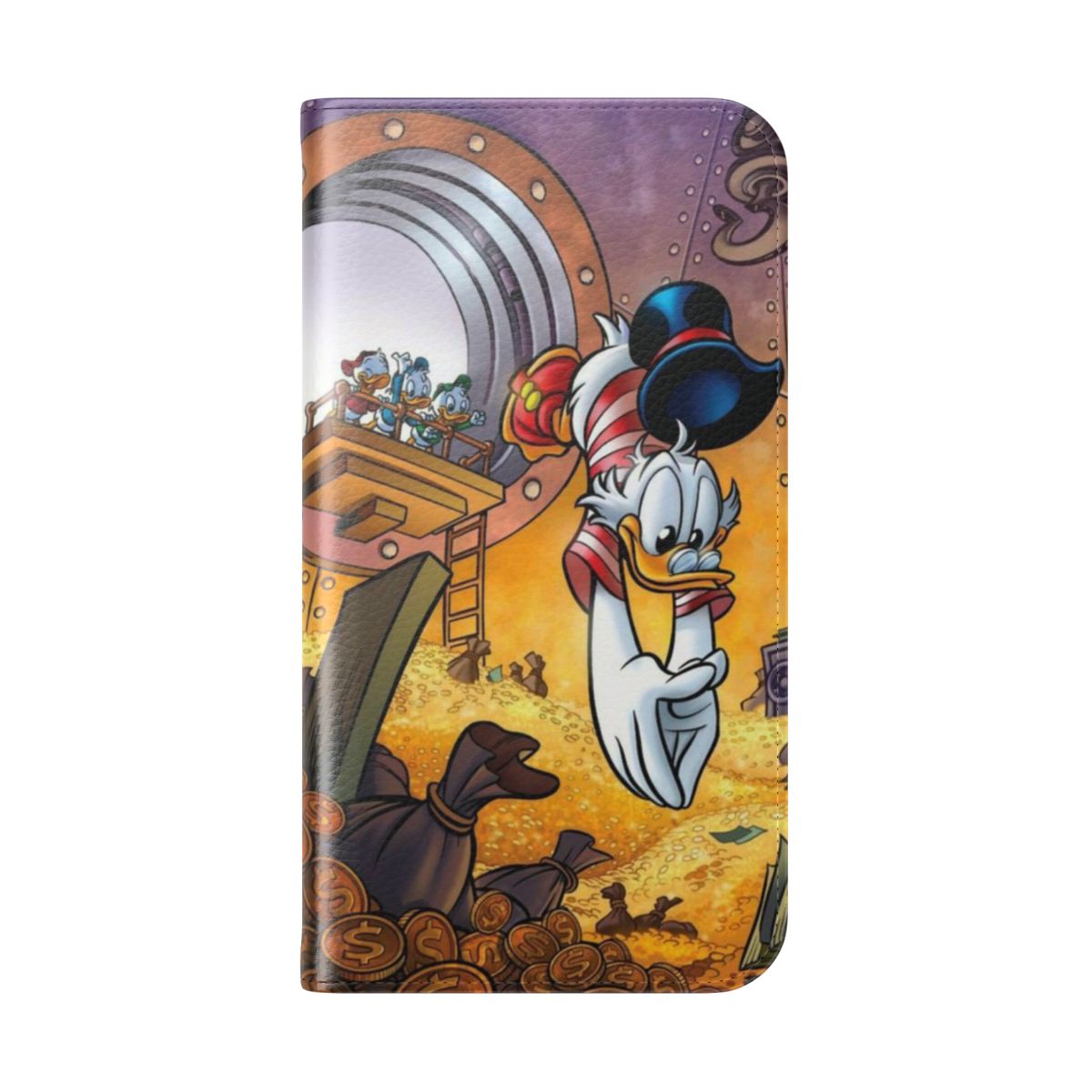 Scrooge McDuck themed flip phone case with cash and money design - Folded Back