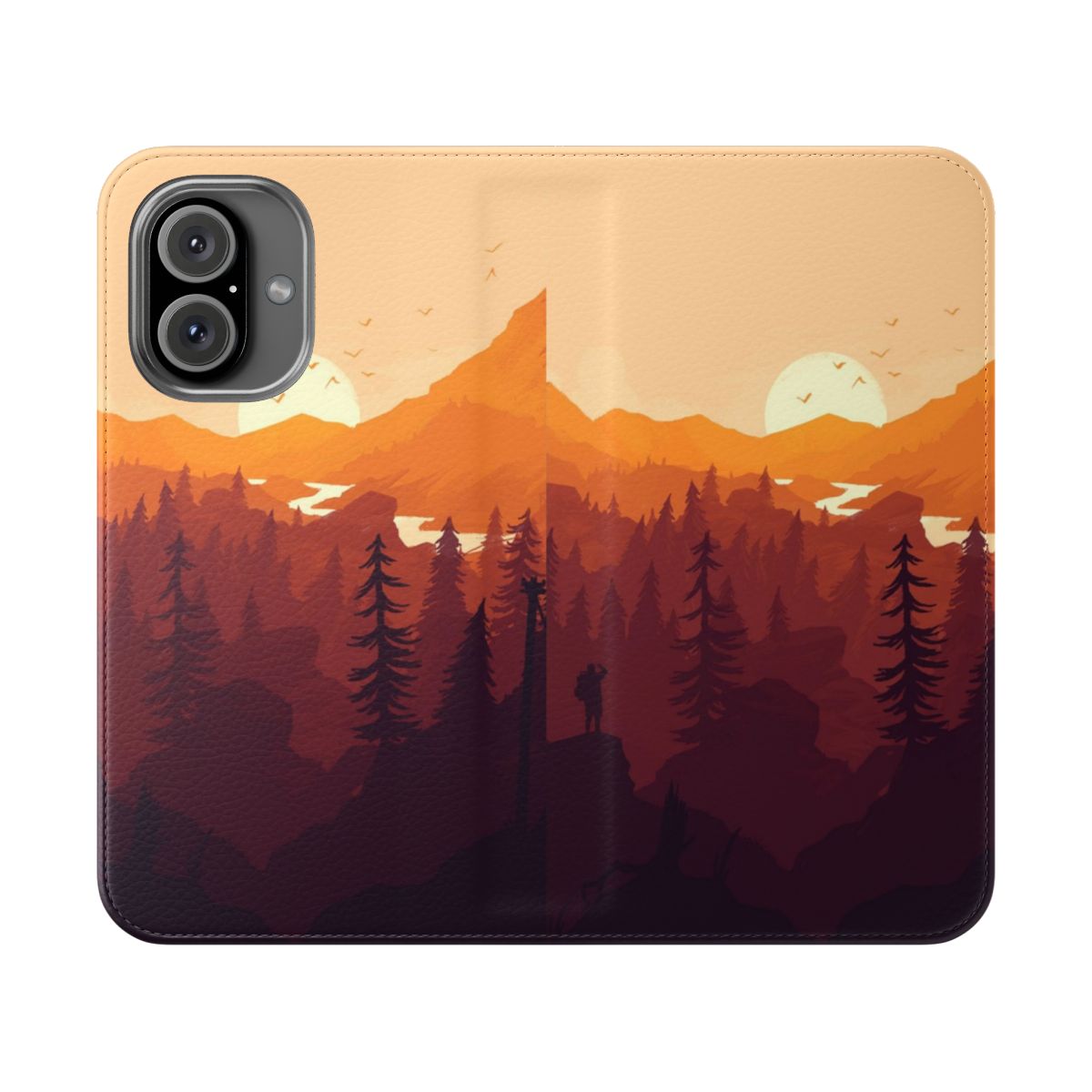 A minimalist phone case featuring a landscape design with mountains, trees, and a sunset.