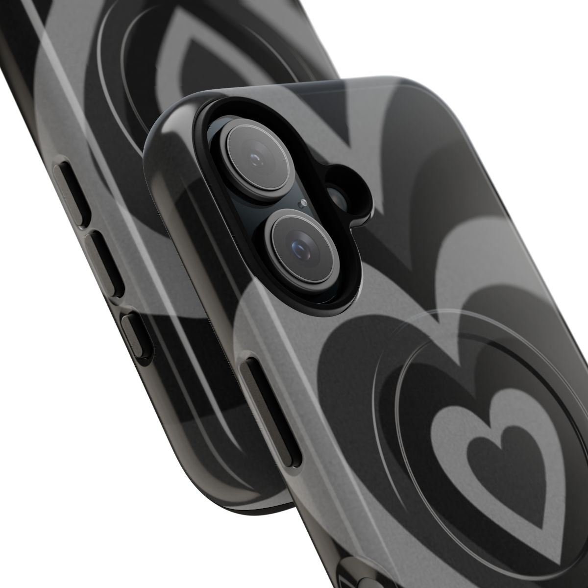 Magnetic tough phone case featuring a black heart pattern design - Detail