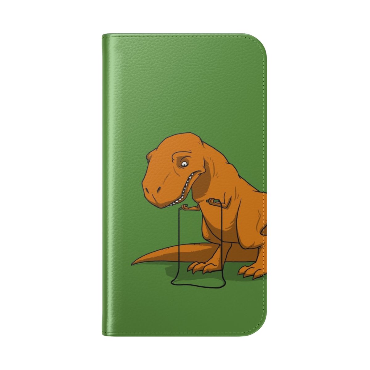 Flip cover phone case featuring a playful tyrannosaurus rex design, ideal for kids. - Folded Back