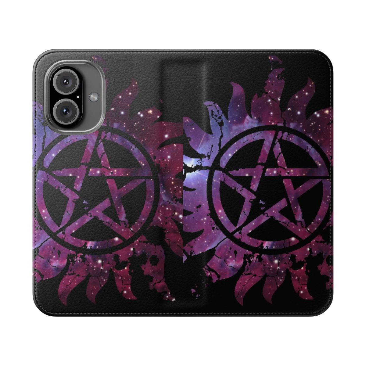 A flip phone case featuring a supernatural-inspired galaxy print design.