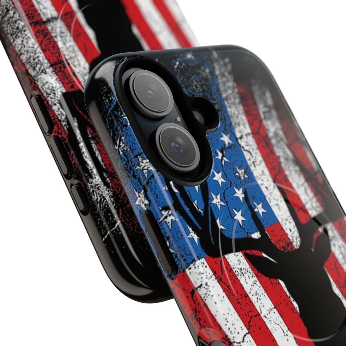 Magnetic tough phone case featuring a hunting deer design with American flag elements - Detail