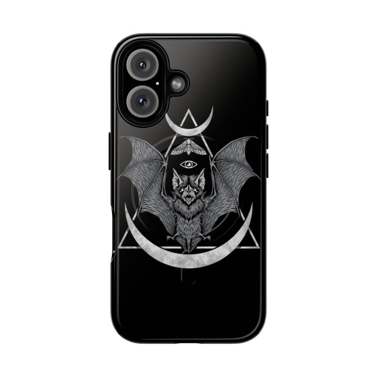 Occult bat magnetic phone case with dark art, geometric, and moon design