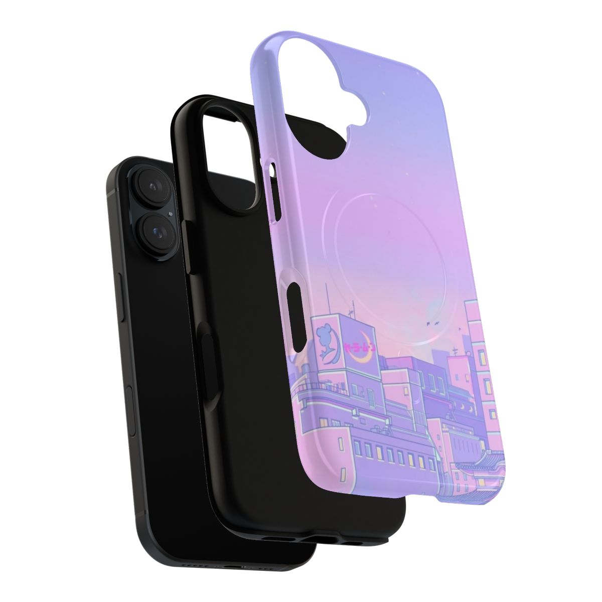 Artistic phone case with a whimsical, anime-inspired city skyline design. - Layers