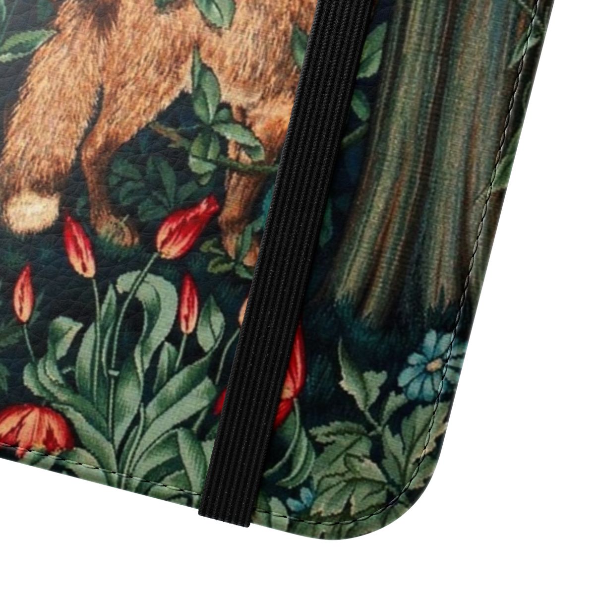 Vintage floral phone case with foxes and hares in a green and blue woodland scene - Close Up