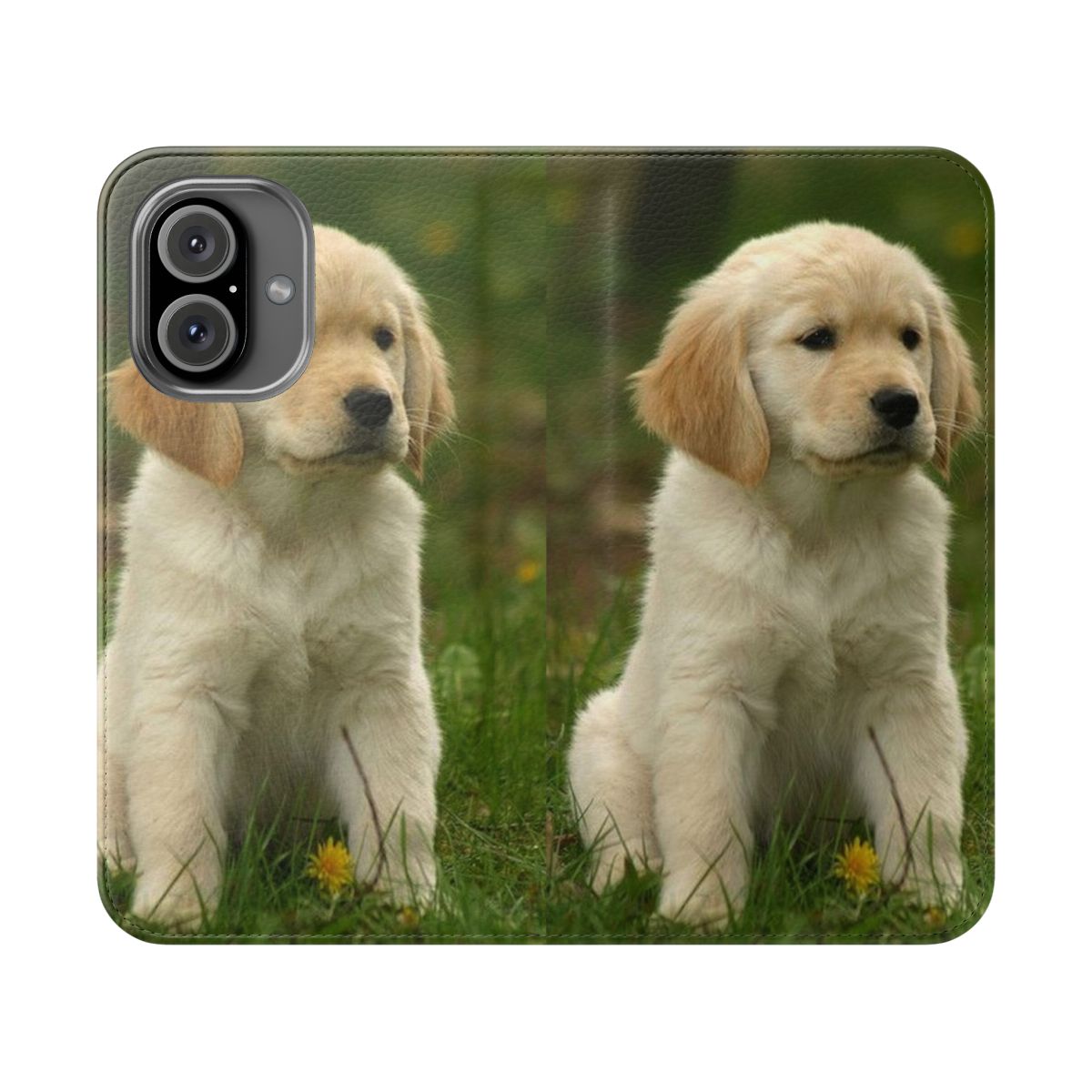 Golden retriever puppy on a flip cover phone case