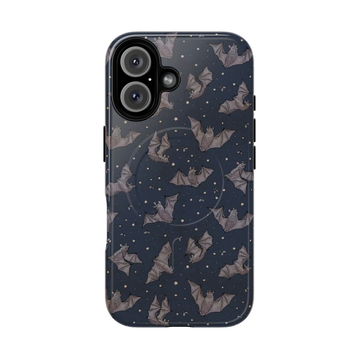 A phone case featuring a pattern of whimsical bats against a starry night sky.