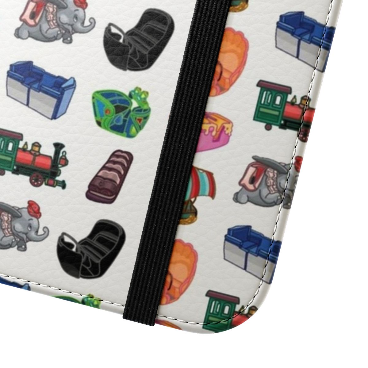 Flip cover phone case featuring designs inspired by popular Disney theme park rides like Jungle Cruise, Spaceship Earth, and Expedition Everest. - Close Up