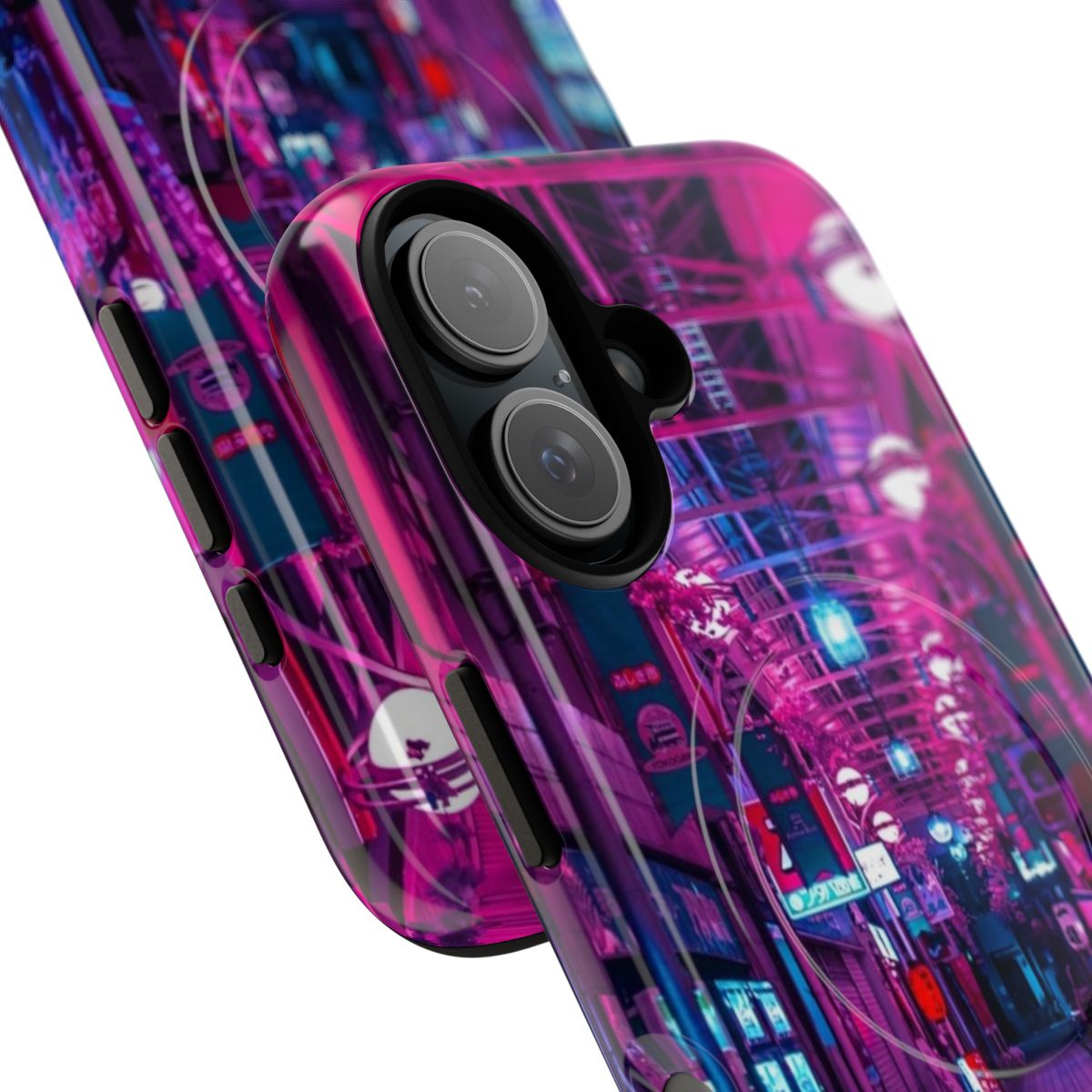 Vibrant phone case featuring a futuristic, neon-lit alley in a cosmic, dreamscape setting. - Detail