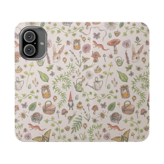 Faded pink phone case with a cottagecore-inspired design featuring floral patterns, mushrooms, and other natural elements.