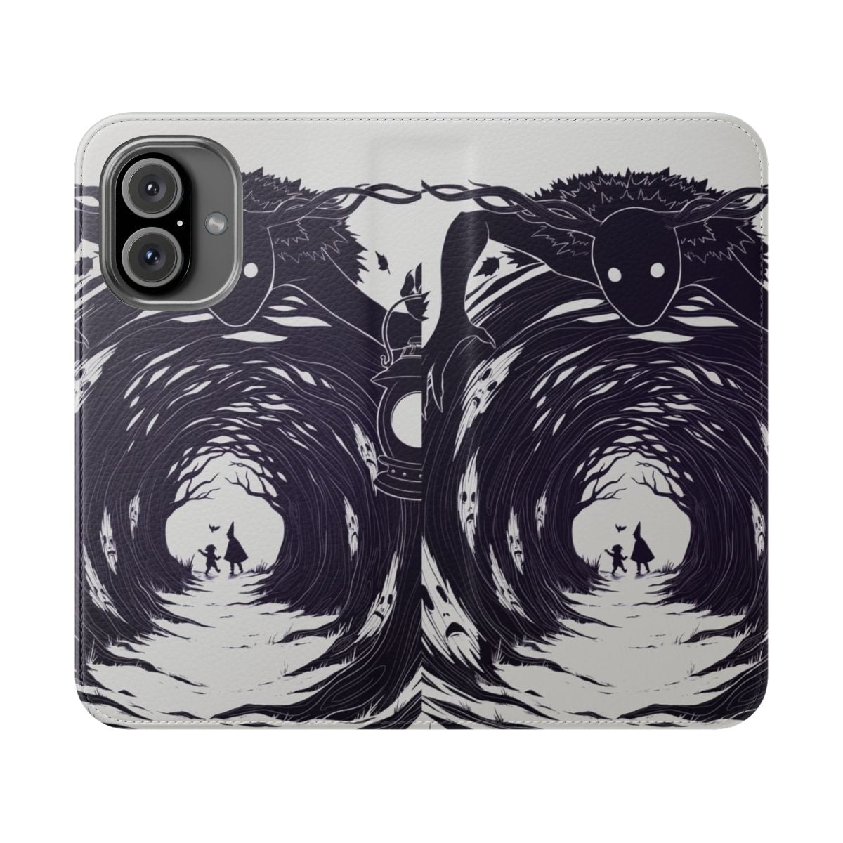 Flip cover phone case featuring an illustration inspired by the TV series Over the Garden Wall, with trees, leaves, and a dark, mysterious forest scene.