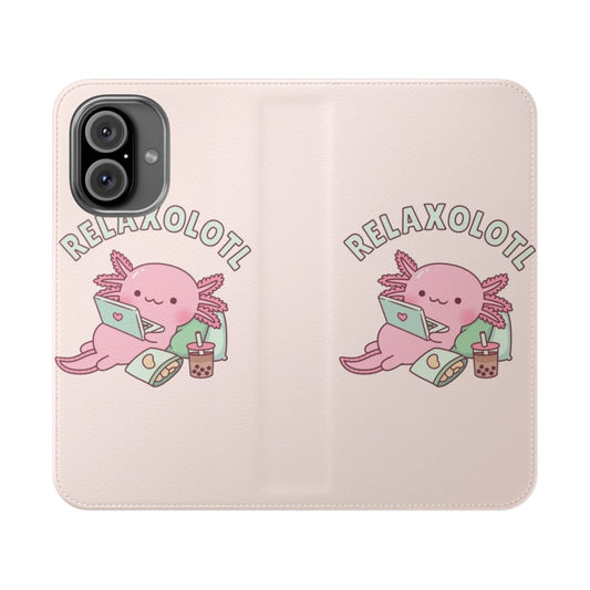 Cute and humorous flip cover phone case featuring a playful axolotl design with a "Relax a Lot" pun.