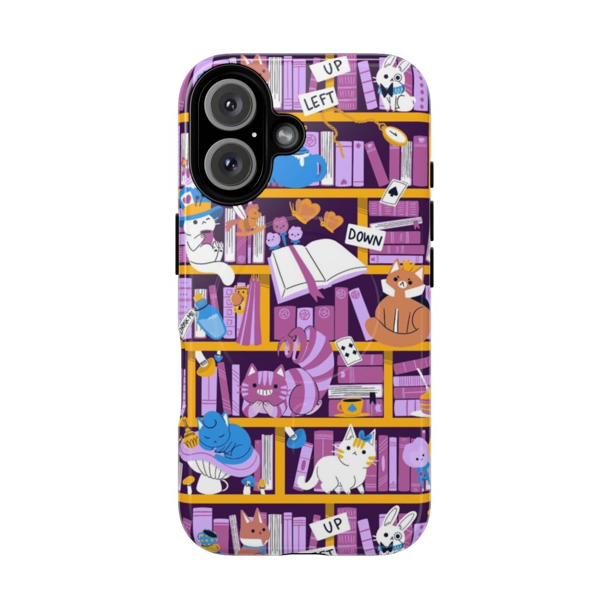 A magnetic tough phone case featuring a whimsical library in a wonderland setting, perfect for book enthusiasts.