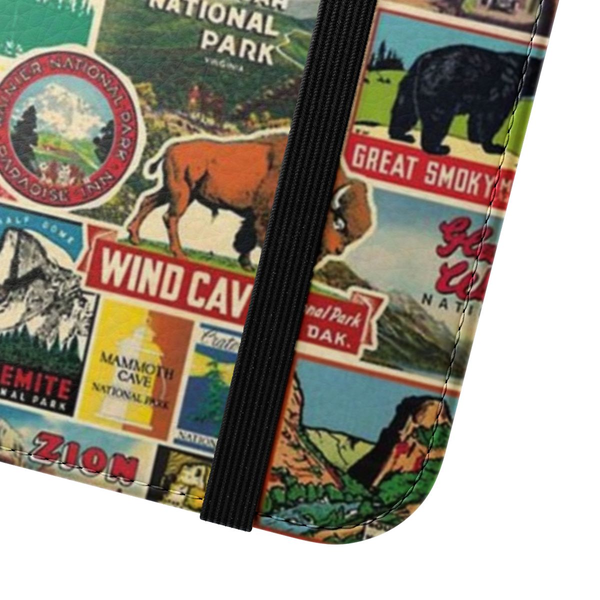 A flip cover phone case showcasing stunning landscapes and wildlife from national parks across the United States. - Close Up