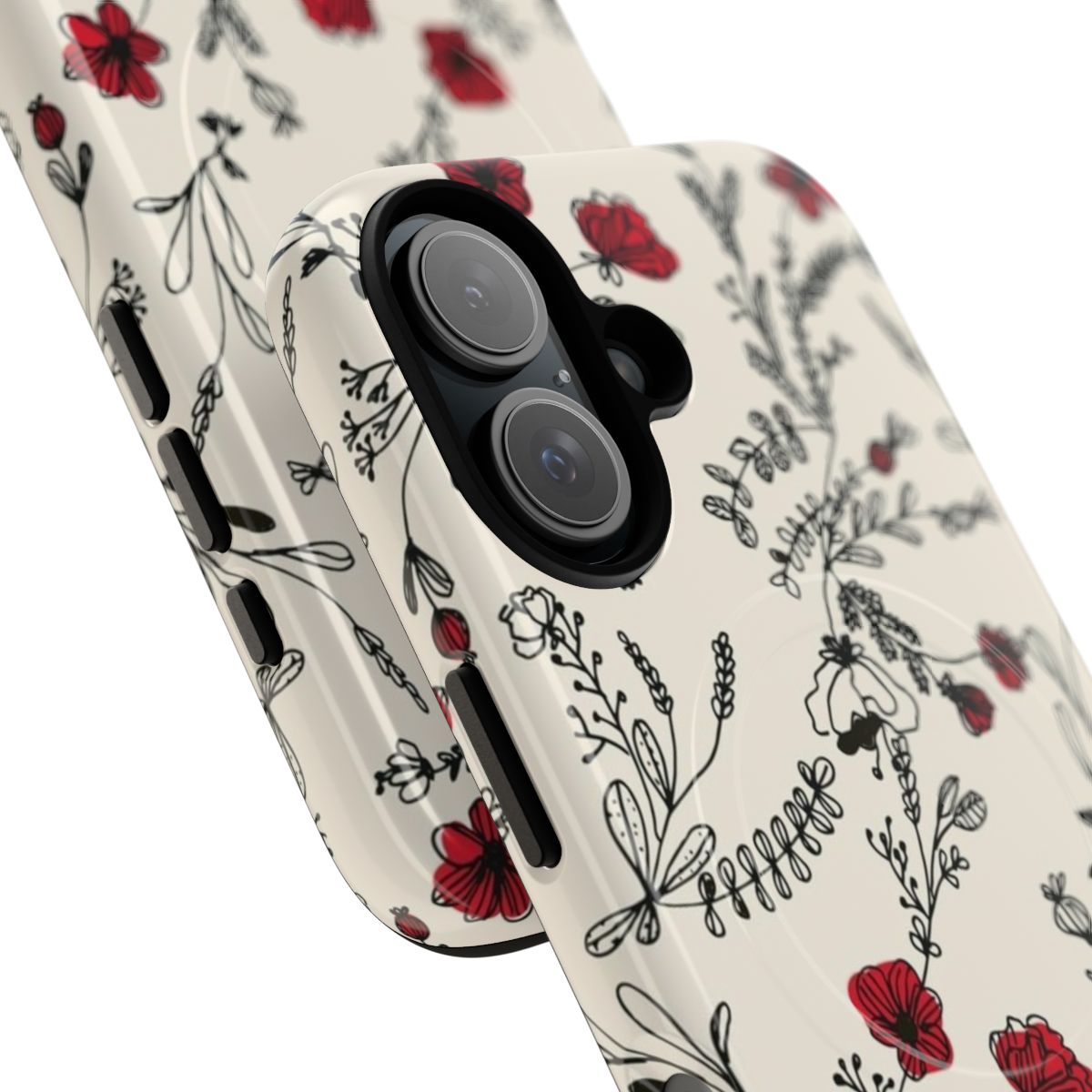 A vibrant red floral pattern phone case with a magnetic closure and tough construction. - Detail