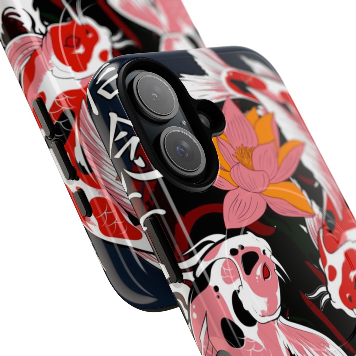 Japanese-inspired phone case featuring koi fish, floral, and water designs - Detail