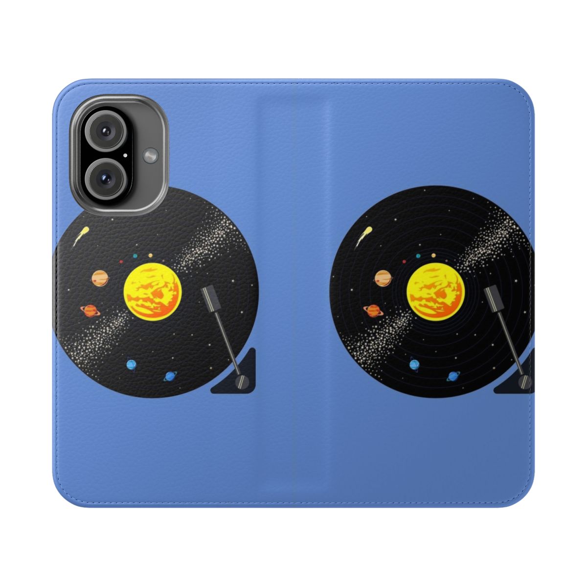 Vibrant solar system design printed on a protective phone case with a flip cover