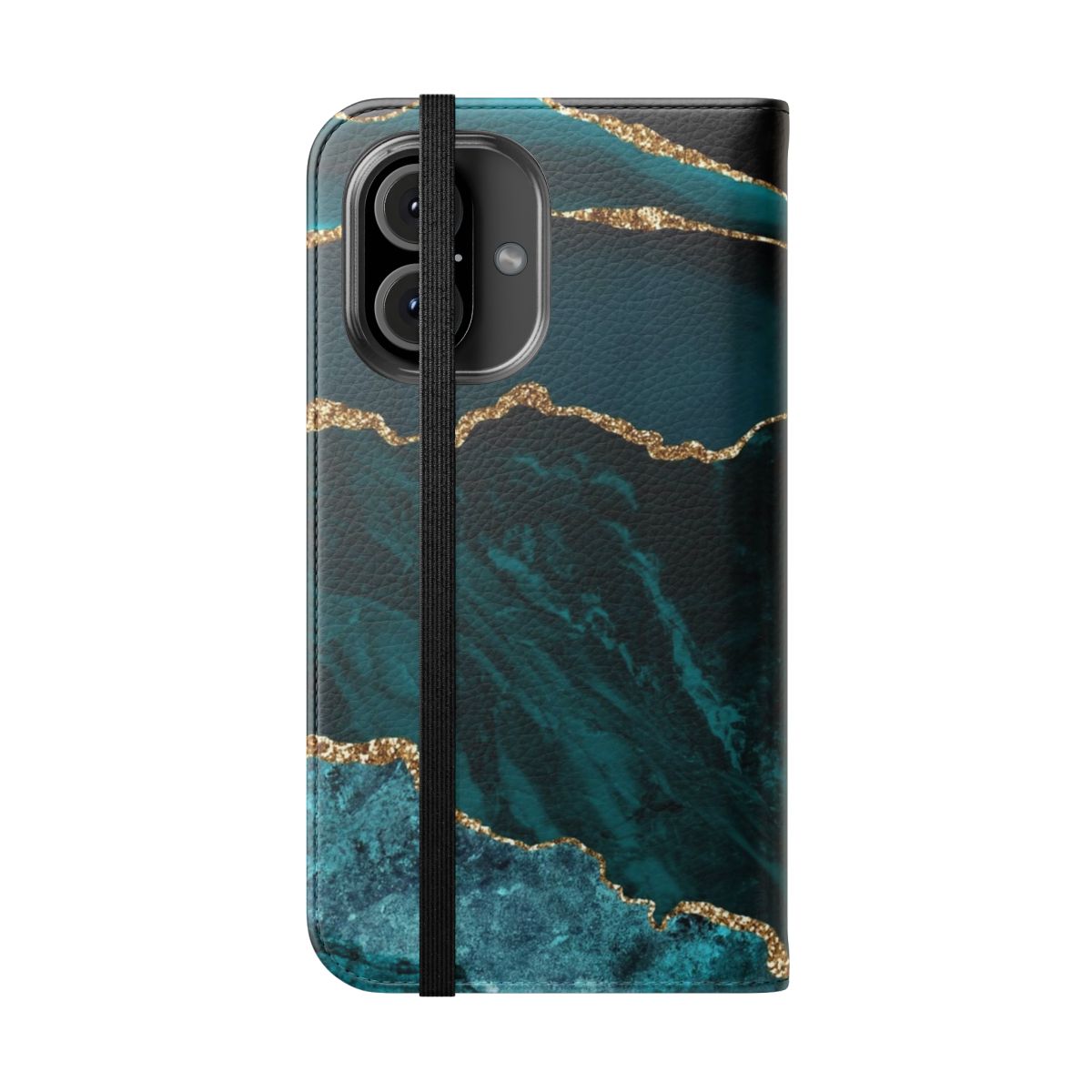 A blue and teal marble-patterned flip phone case with a sleek, minimalist design. - Folded Front