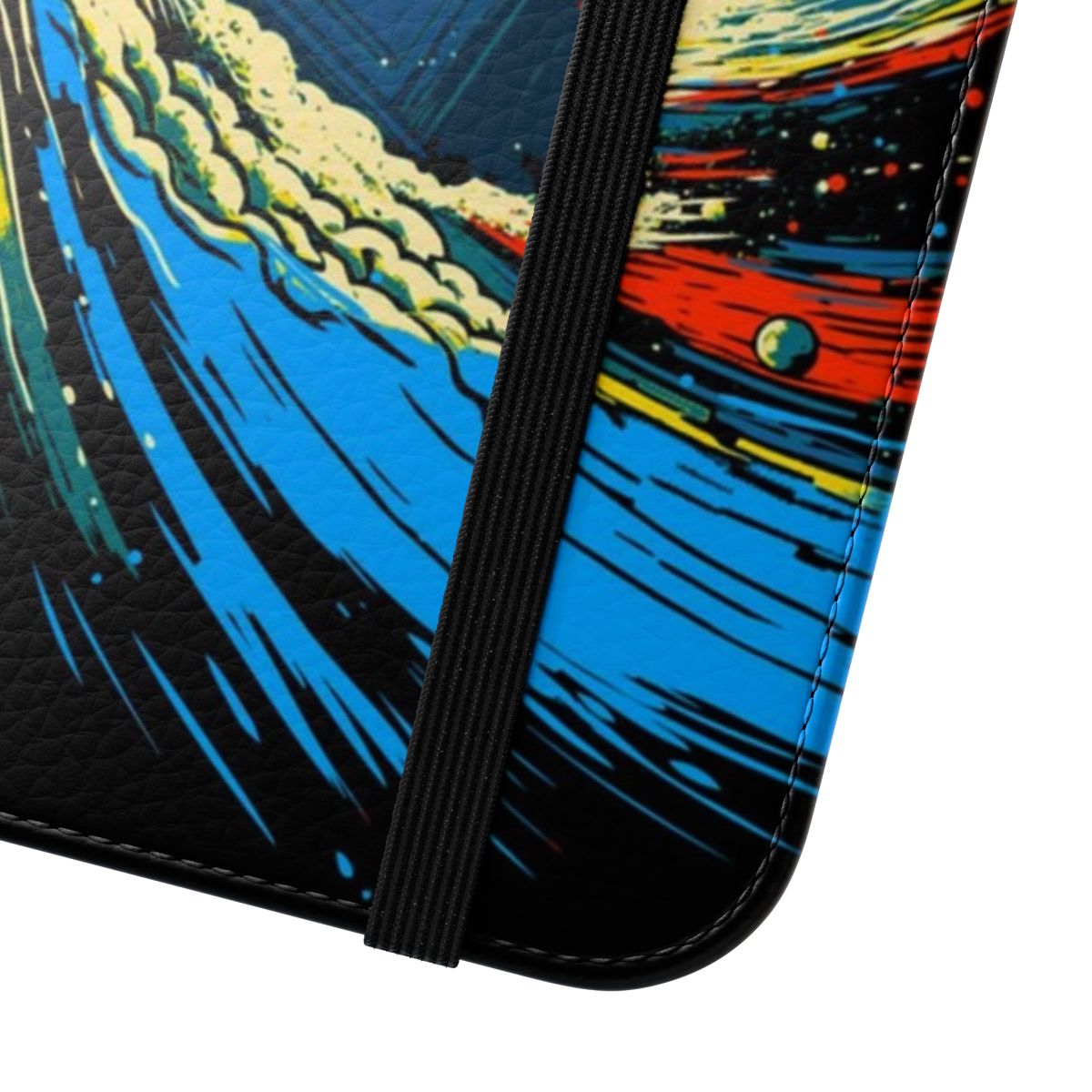 Artistic representation of a space and time vortex on a smartphone flip cover case - Close Up