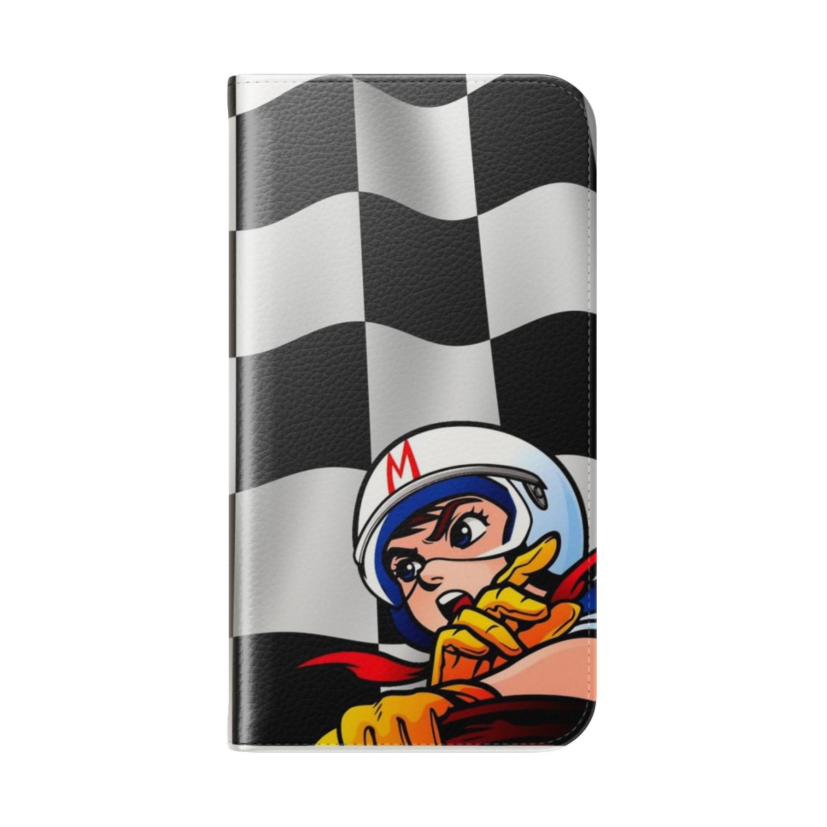 Checkered flag design flip cover phone case with racing car and anime style graphics - Folded Back