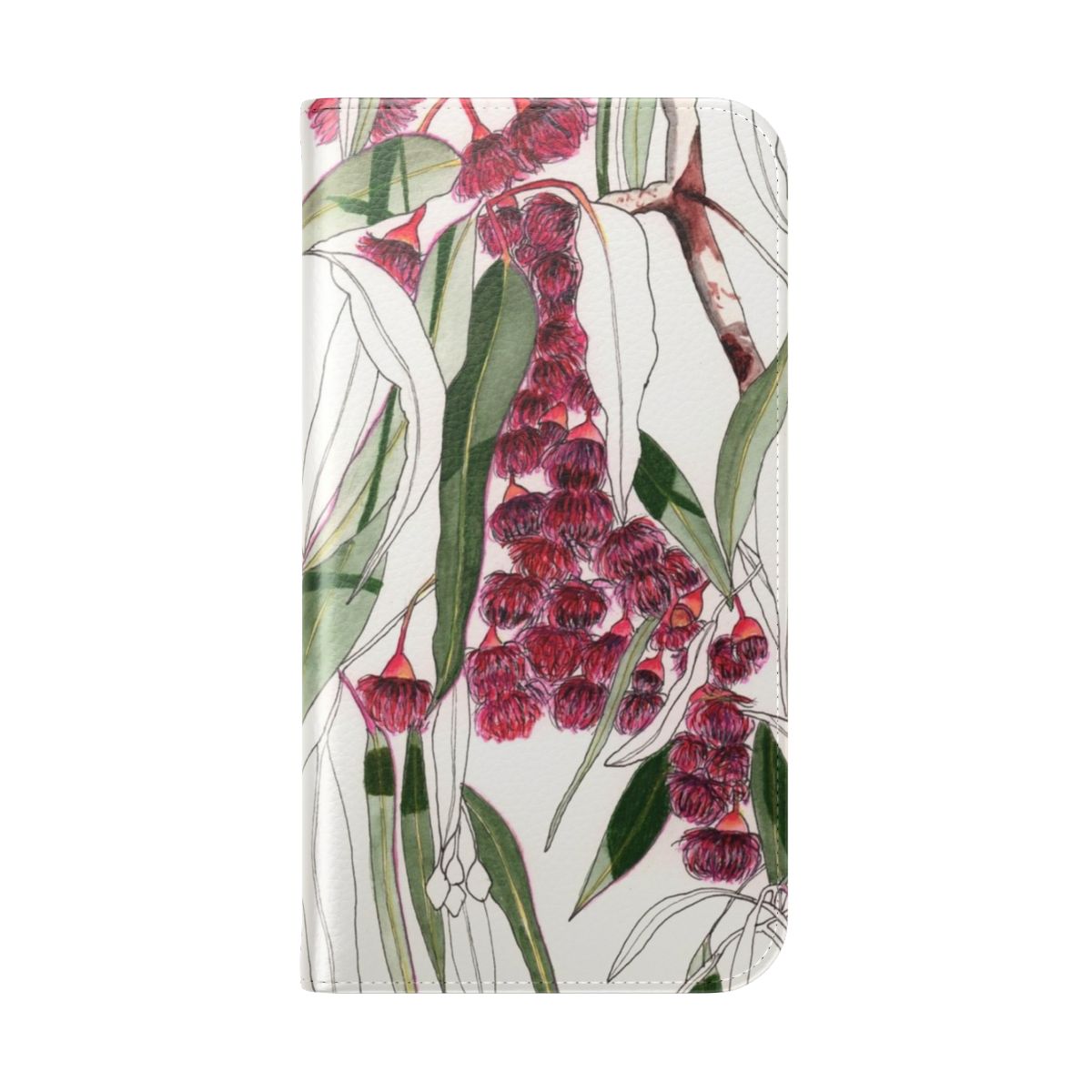 Colorful watercolor illustration of pink flowering gum and eucalyptus leaves on a phone case - Folded Back