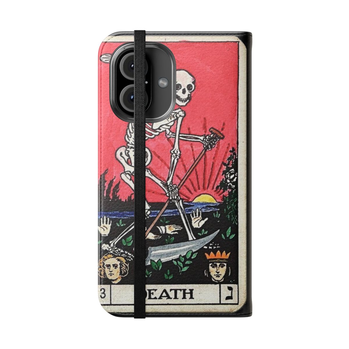 A unique phone case cover featuring the Death tarot card design with a spooky, vintage-inspired skeleton illustration. - Folded Front