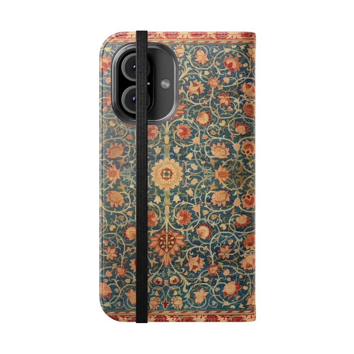 Flip cover phone case with a vintage-inspired William Morris carpet print design in teal, red, and abstract floral patterns. - Folded Front