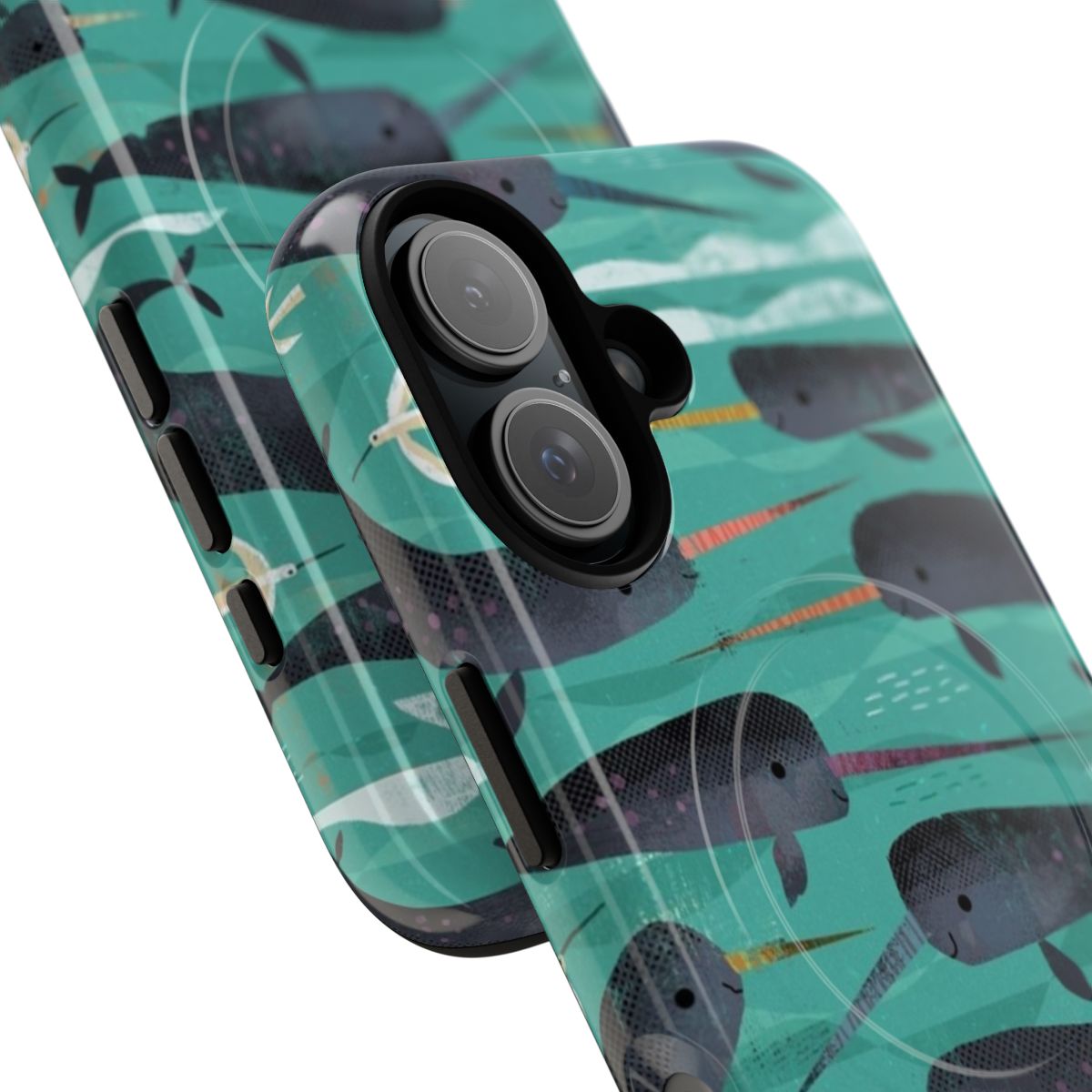 Colorful digital art design featuring a narwhal and owl on a phone case - Detail