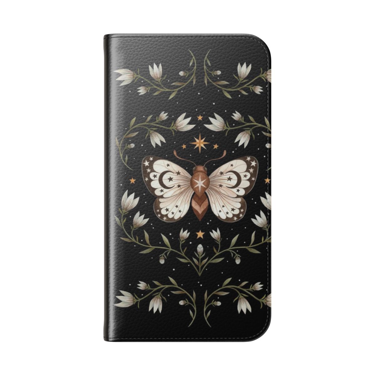 Magical phone case with a design featuring a moth, butterfly, and starry night sky - Folded Back