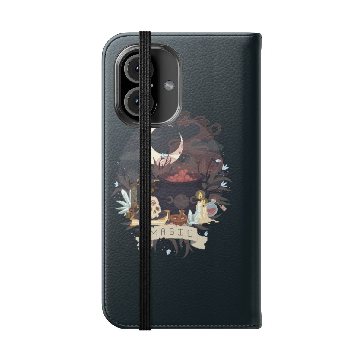 Pixelated phone case with a magical cauldron and occult symbols - Folded Front