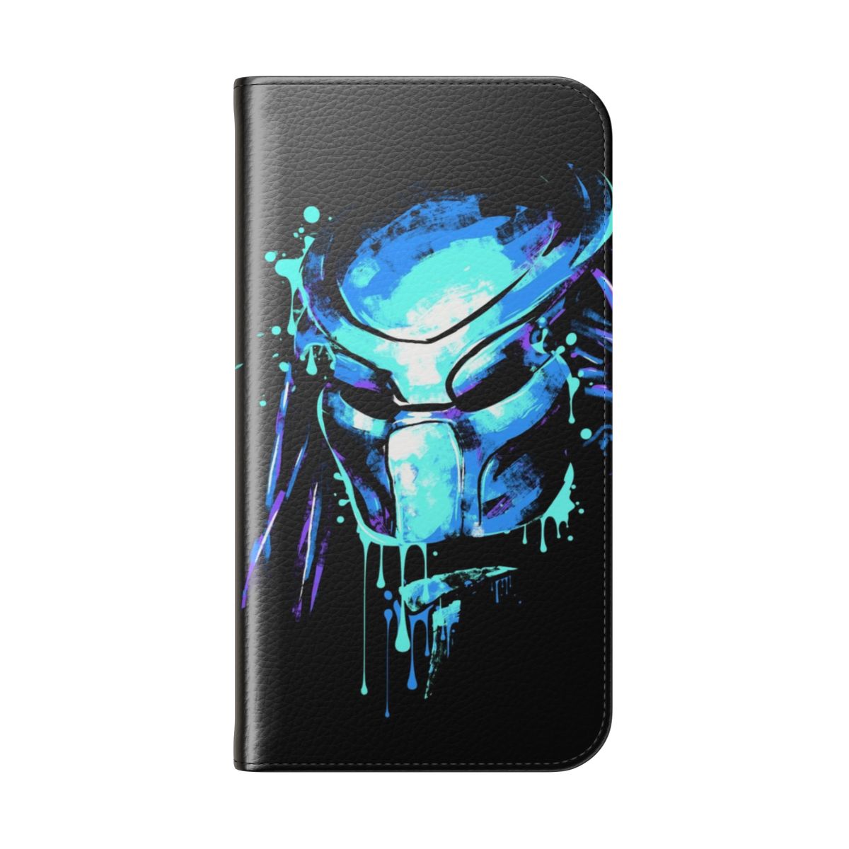 Vibrant phone case featuring a striking portrait of the iconic Predator character from the sci-fi movie franchise. - Folded Back