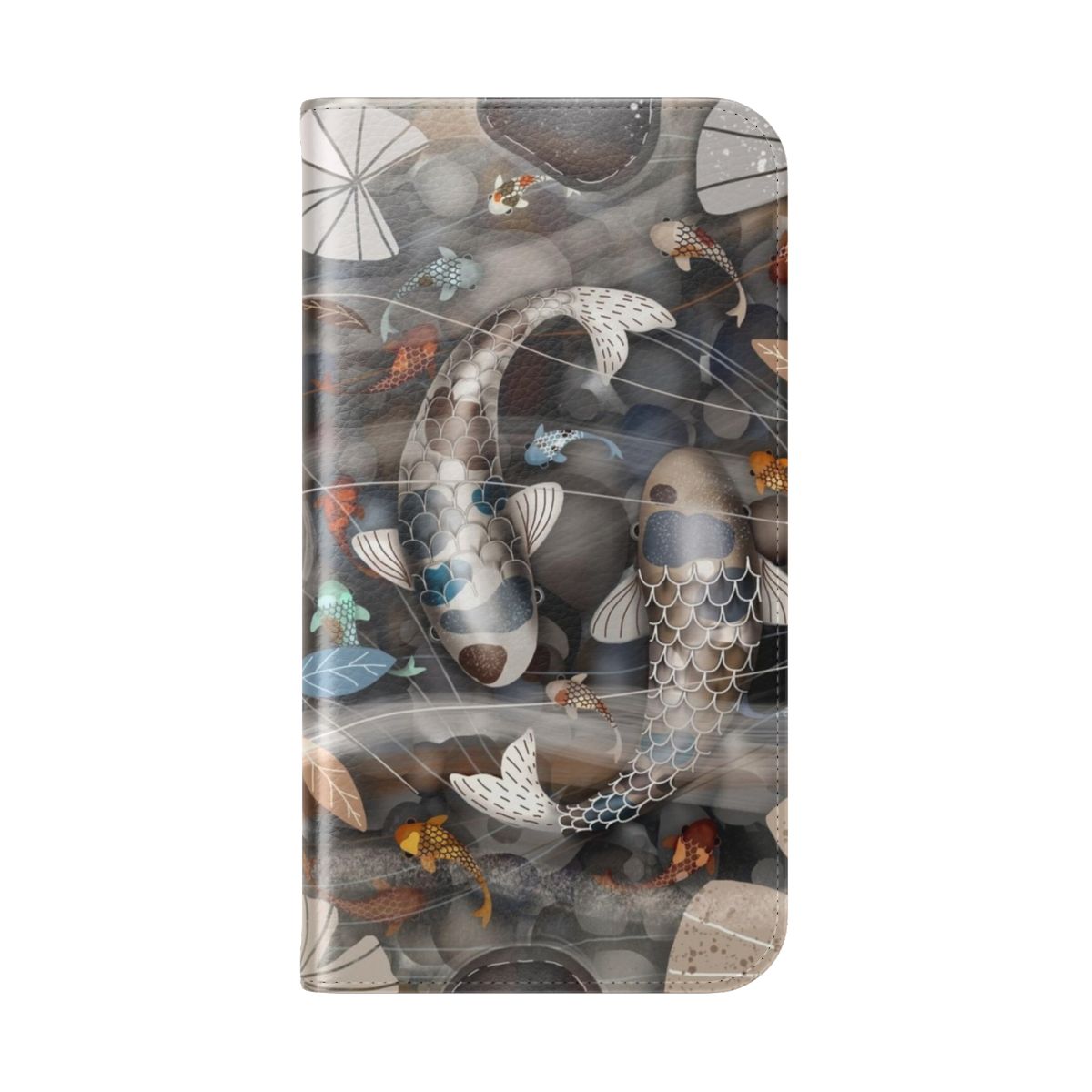 A vibrant and artistic phone case featuring a beautiful koi fish pond design. - Folded Back