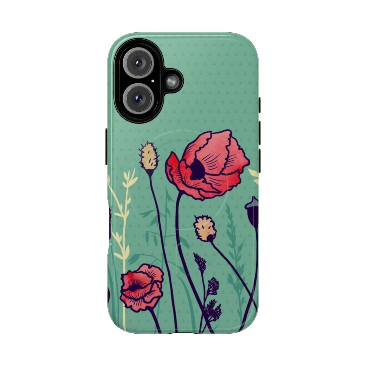 A phone case featuring a watercolor painting of a summer wildflower meadow with green grass and geometric shapes.