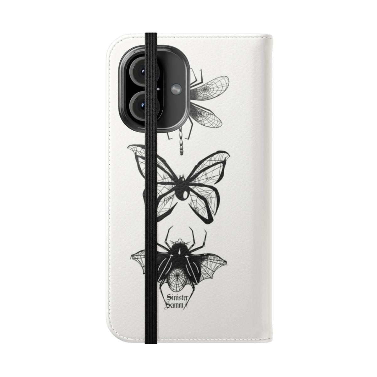 A dark, gothic-style phone case with a spider web design and insect motifs. - Folded Front