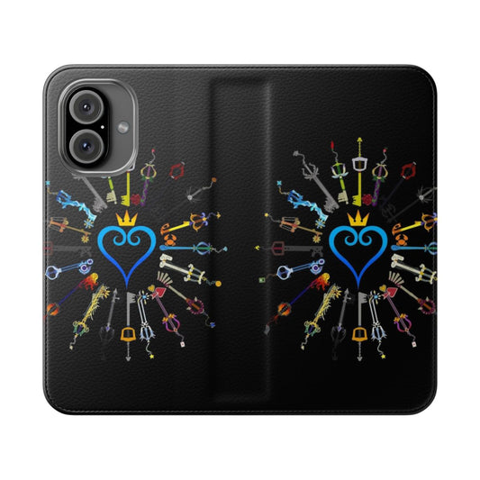 Keyblade-themed flip cover phone case with kingdom hearts design