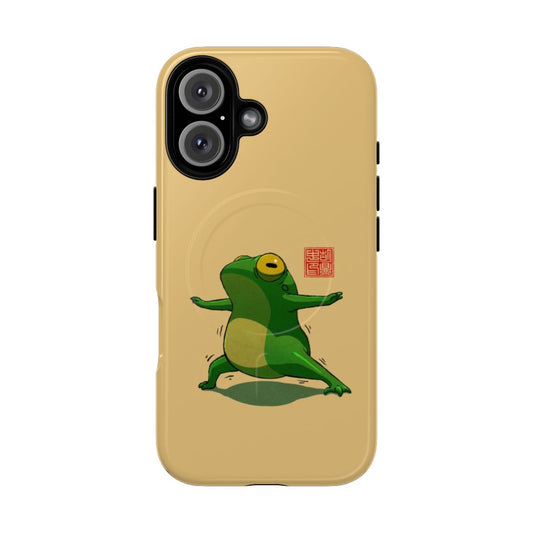 A magnetic tough phone case featuring a cute frog in the yoga warrior two pose.